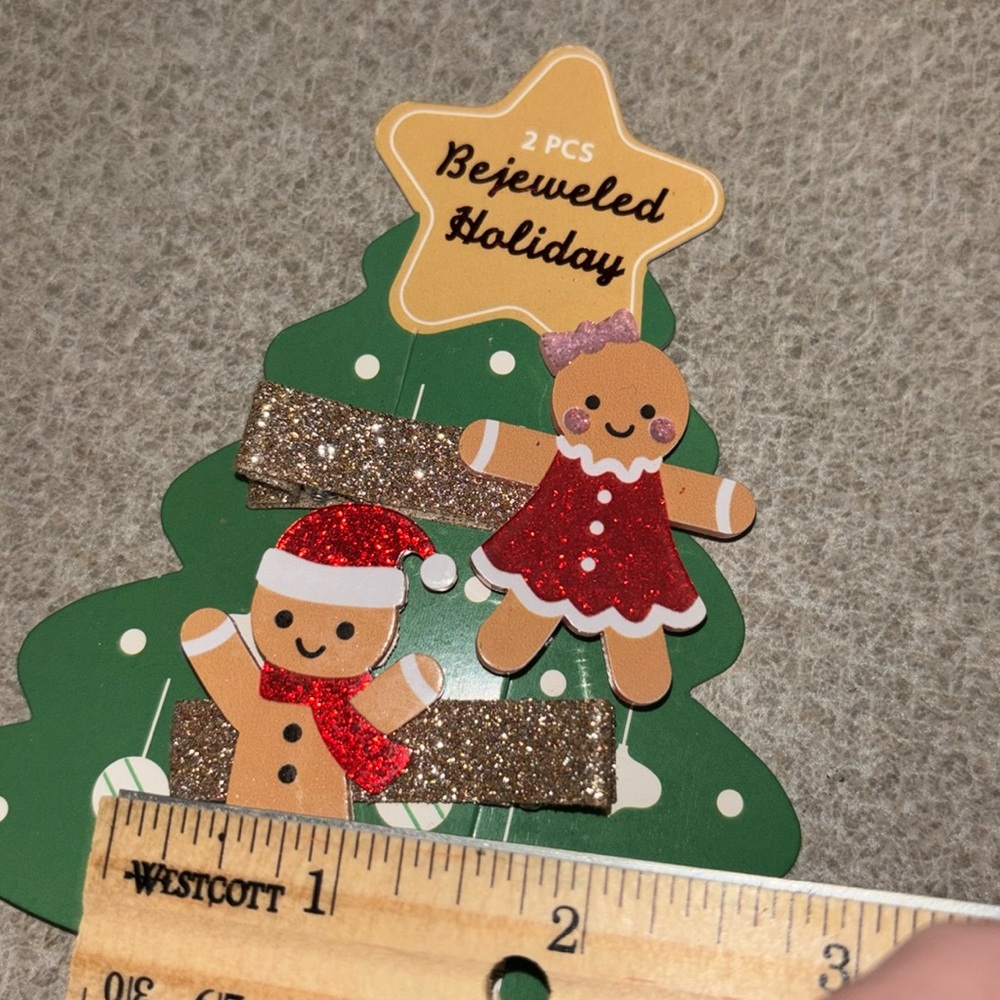 gingerbread man and woman child’s hair clips rose gold 2 pcs red glitter